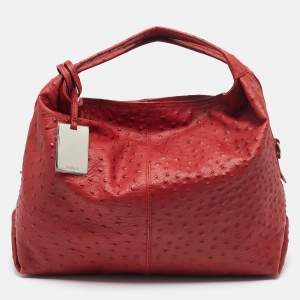 Furla Red Ostrich Embossed Leather Elizabeth Hobo