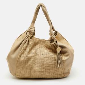 Furla Cream Croc Embossed and Python Embossed Leather Tassel Hobo