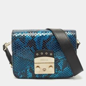 Furla Black/Blue Python Embossed and Leather Mni Metropolis Crossbody Bag