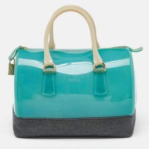 Furla Teal Blue/Black Rubber and Denim Candy Bag