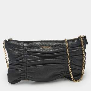 Pre Owned Furla Black Gathered Leather Chain Crossbody Bag