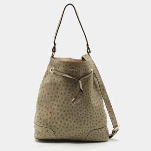 Pre Owned Furla Light Green Ostrich Embossed Leather Drawstring Bucket Bag
