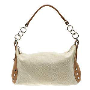 Pre Owned Furla Beige and Tan Canvas and Leather Shoulder Bag