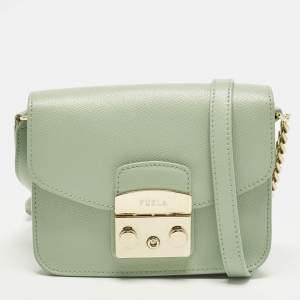 Pre Owned Furla Metropolis Mini Light Green Leather Crossbody Bag