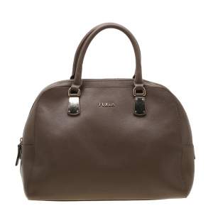 Pre Owned Furla Dark Beige Leather Dome Tote