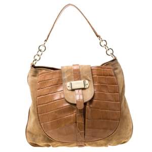 Furla Tan Suede and Croc Embossed Leather Hobo