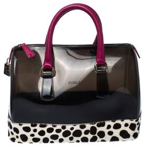 Pre Owned Furla Black/Fuchsia Rubber and Leather Leopard Detailed Candy Satchel