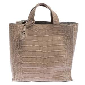 Pre Owned Furla Beige Croc Embossed Leather Divide It Tote