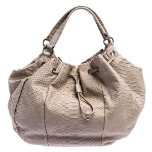 Pre Owned Furla Grey Python Embossed Leather Drawstring Hobo