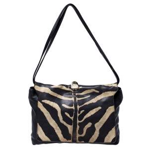 Pre Owned Furla Black Zebra Print Leather Flap Shoulder Bag