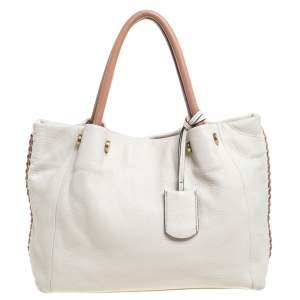 Pre Owned Furla Off White Leather Braided Side Medium Tote