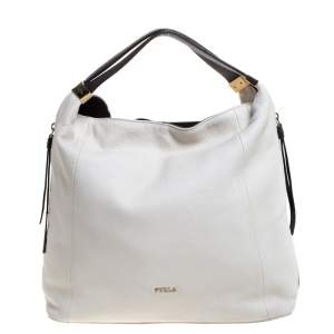Pre Owned Furla Off White/Black Leather Elizabeth Zip Hobo