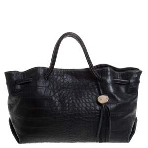 Pre Owned Furla Black Crocodile Embossed Leather Medium Tassel Tote
