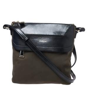 Pre Owned Furla Military Green Nylon and Leather Pop S Bandoliera Bag 