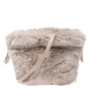 Pre Owned Furla Beige Faux Fur Drawstring Crossbody Bag