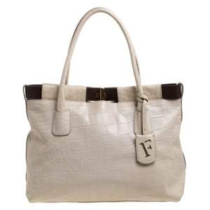 Pre Owned Furla Cream/Brown Croc Embossed Leather Tote