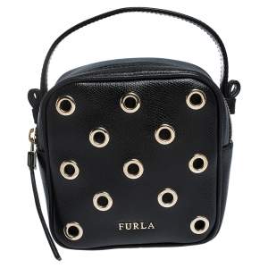 Pre Owned Furla Black Leather Eyelet Crossbody Bag