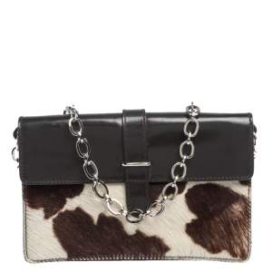 Pre Owned Furla Dark Brown/White Calfhair and Leather Flap Chain Bag