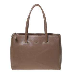 Pre Owned Furla Dark Beige Leather Double Zip Tote