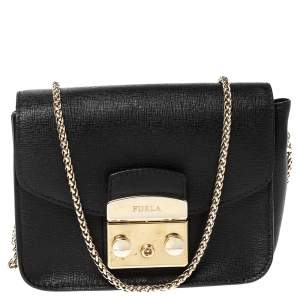Pre Owned Furla Black Leather Mini Metropolis Chain Crossbody Bag