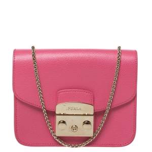 Pre Owned Furla Pink Leather Mini Metropolis Chain Shoulder Bag