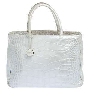 Pre Owned Furla Silver Croc Embossed Leather Tote