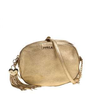 Pre Owned Furla Metallic Gold Leather Crossbody Bag