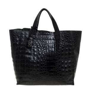 Pre Owned Furla Black Croc Embossed Leather Tote