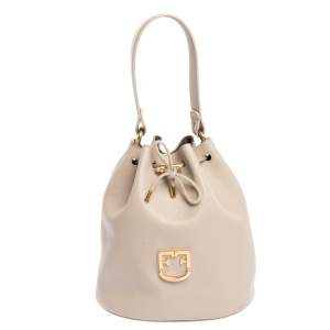 Pre Owned Furla Nude Leather Drawstring Bucket Bag