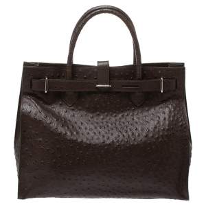 Pre Owned Furla Brown Ostrich Embossed Leather Large Greta Tote