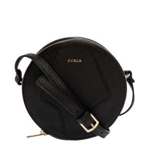 Pre Owned Furla Black Leather Mini Perla Round Crossbody Bag