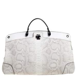 Pre Owned Furla Cream Python Embossed Leather Large Piper Cartella Top Handle Bag