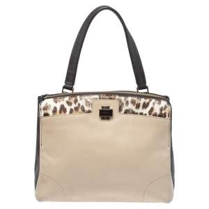 Pre Owned Furla Brown/Beige Leather and Calfhair Satchel 
