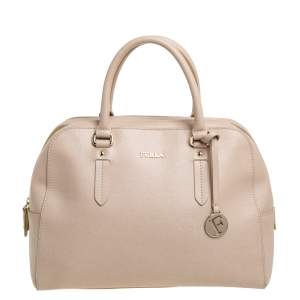 Pre Owned Furla Light Beige Leather Logo Satchel