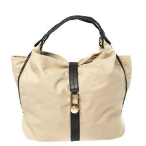 Furla Beige/Black Nylon and Leather Clasp Flap Shoulder Bag