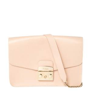 Pre Owned Furla Peach Leather Small Metropolis Crossbody Bag