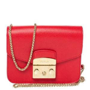 Pre Owned Furla Red Leather Mini Metropolis Chain Shoulder Bag