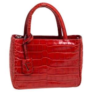 Pre Owned Furla Red Croc Embossed Leather Middle Zip Tote 