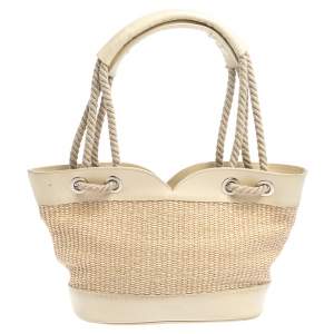 Pre Owned Furla Beige Straw And Leather Beach Tote