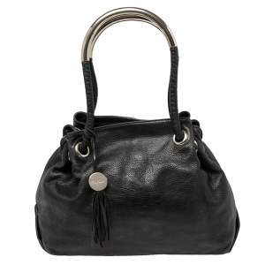 Pre Owned Furla Black Leather Drawstring Metal Handle Shoulder Bag