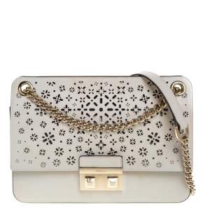 Pre Owned Furla Cream Laser Cut Leather Bella Shoulder Bag
