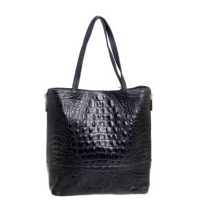 Pre Owned Furla Navy Blue Croc Embossed Leather Side Zip Tote