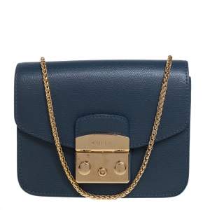Pre Owned Furla Blue Leather Mini Metropolis Chain Crossbody Bag