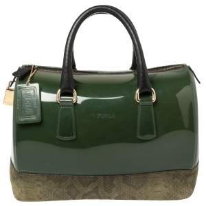 Pre Owned Furla Green Rubber and Pyhton Embossed Leather Medium Candy Satchel