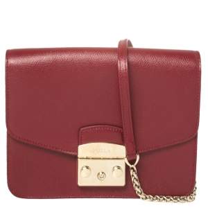 Pre Owned Furla Burgundy Leather Metropolis Crossbody Bag