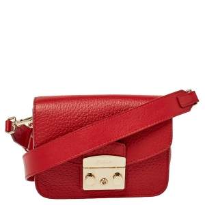 Pre Owned Furla Red Leather Mini Metropolis Crossbody Bag