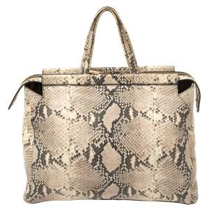 Pre Owned Furla Beige Python Embossed Leather Zip Tote