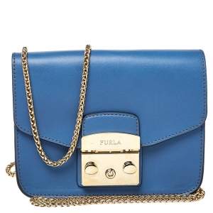 Pre Owned Furla Blue Leather Mini Metropolis Chain Crossbody Bag