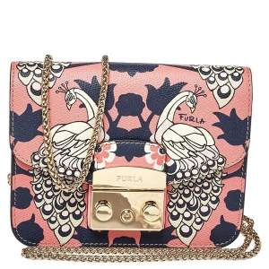 Pre Owned Furla Multicolour Peacock Print Leather Mini Metropolis Crossbody Bag