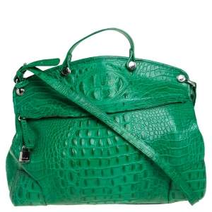 Pre Owned Furla Green Crococodile Embossed Leather Piper Dome Satchel